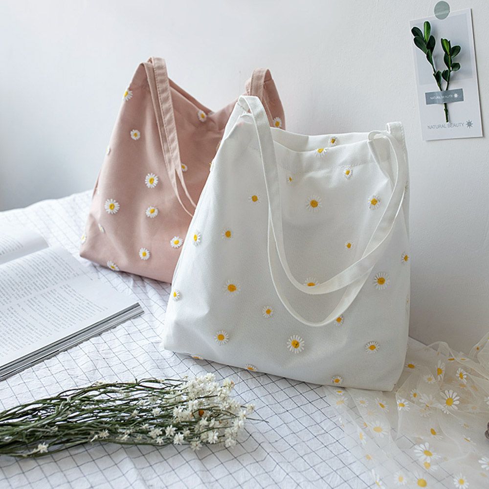 Embroidery Daisy Flower - Women Canvas Bags Girls Shopping Handbag