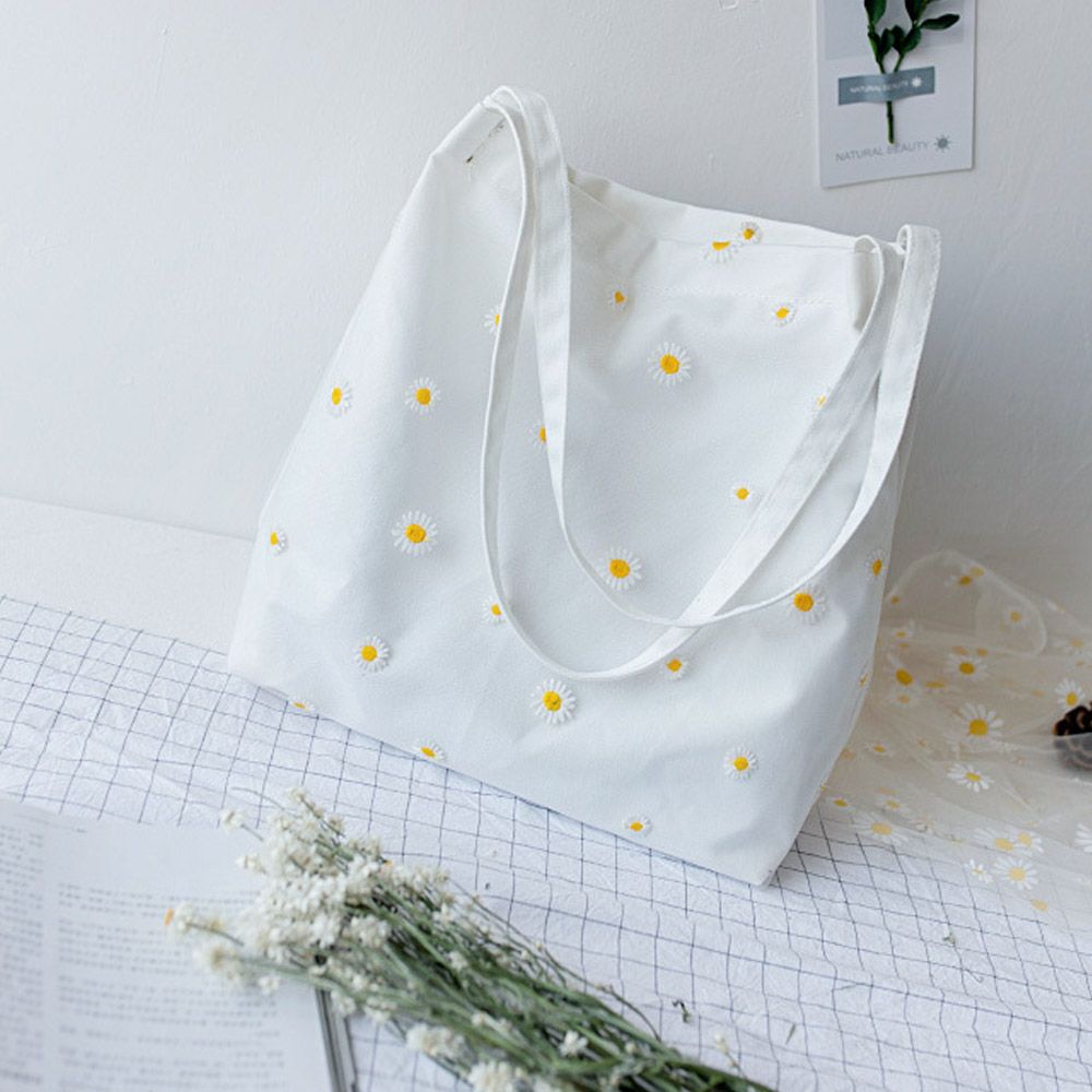 Women Canvas Bags Girls Shoppi - Embroidery Daisy Flower 评论和价格
