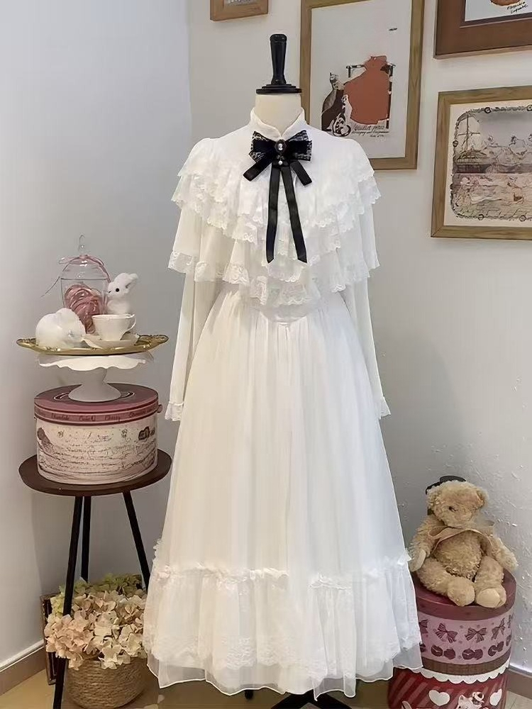 Japanese Short Sleeve Bow Lace - Embroidery White Dress 评论和价格