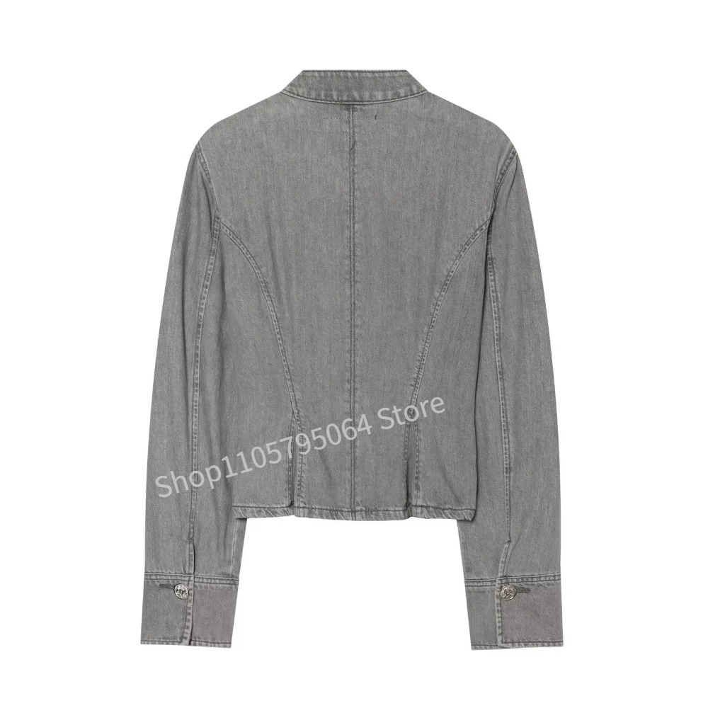 New French Style Retro Grey De - Embroidery Jacket Jeans 评论和价格