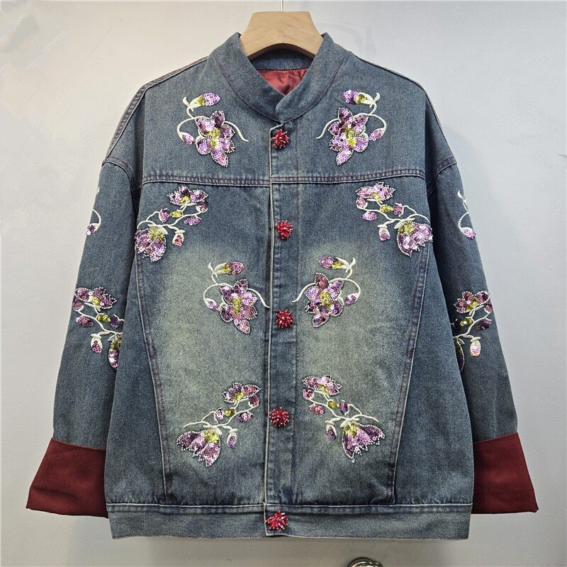 Heavy Work Sequins Flower Embr - Embroidery Jacket Jeans 评论和价格