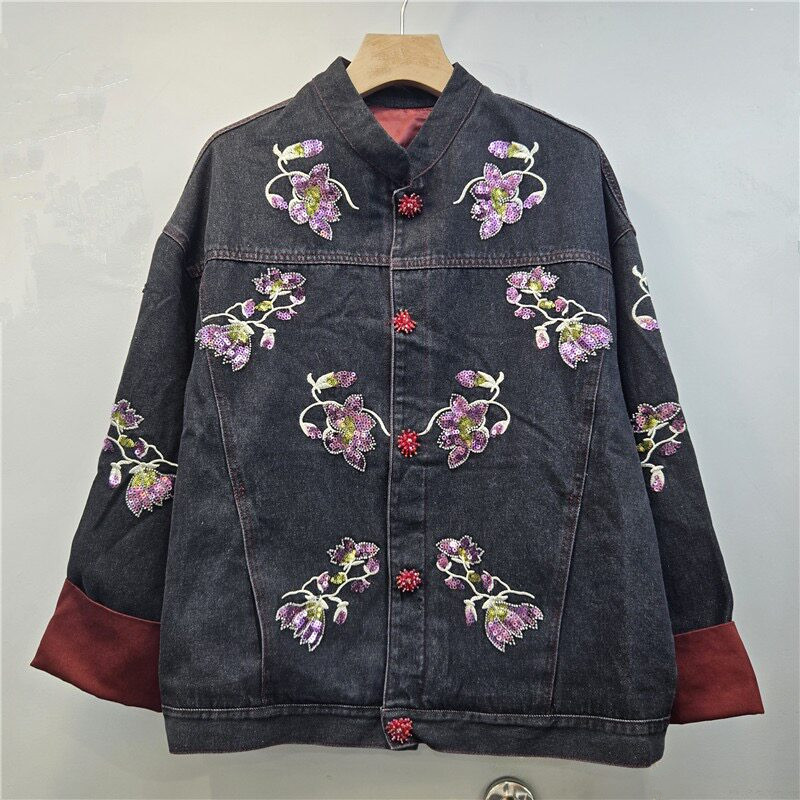 Heavy Work Sequins Flower Embr - Embroidery Jacket Jeans 评论和价格